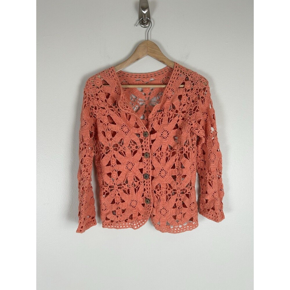 Crochet M Orange Cardigan Top Wood Button Lace Open Knit Boho Hippie Festival
